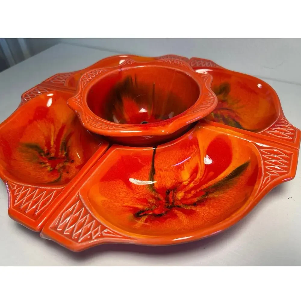 Art Deco 60’s Calif Originals Lazy Susan Chips & Dip Serving Dish Orange Lava
